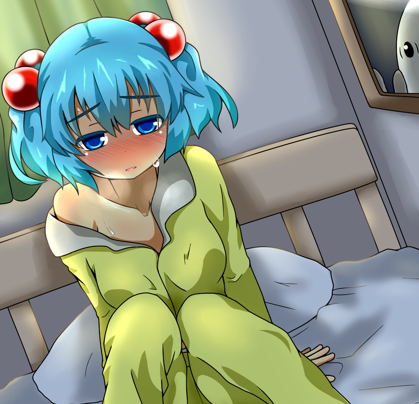 alternate_costume blue_eyes blue_hair blush breasts collarbone curtains dutch_angle eyebrows full-face_blush hair_bobbles hair_ornament hato_no_suisou highres kawashiro_nitori knees_up looking_at_viewer medium_breasts off_shoulder on_bed pajamas parted_lips picture_frame pillow short_hair sick sitting solo sweat touhou two_side_up
