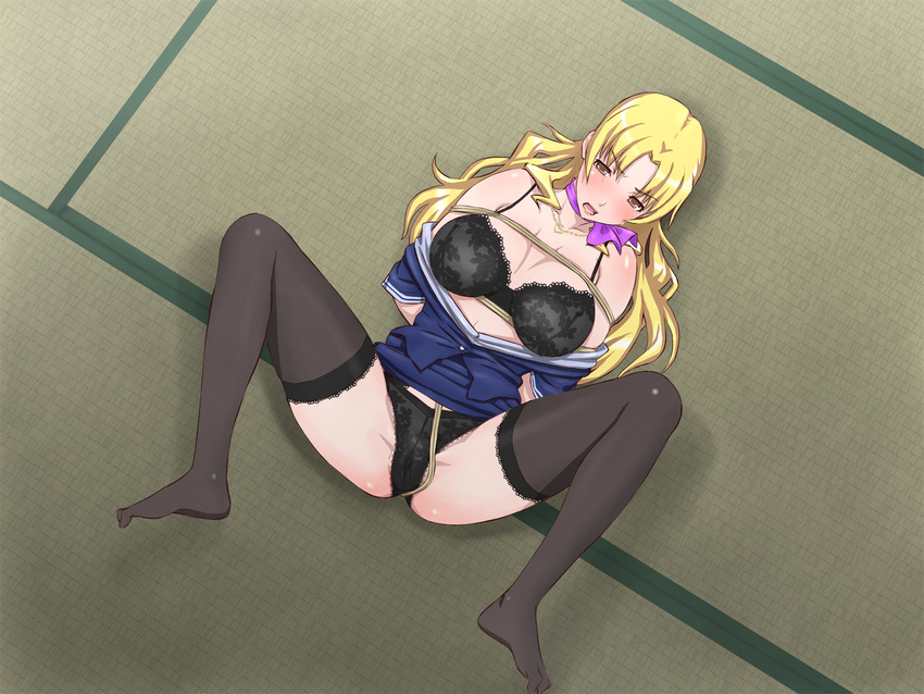 1girl arms_behind_back bdsm blonde_hair blush bondage bound bra breasts highres large_breasts legs long_hair lying nightmare_express open_mouth panties red_eyes rope scarf shibari skirt solo spread_legs stewardess thighhighs thighs tied tied_up underwear upskirt