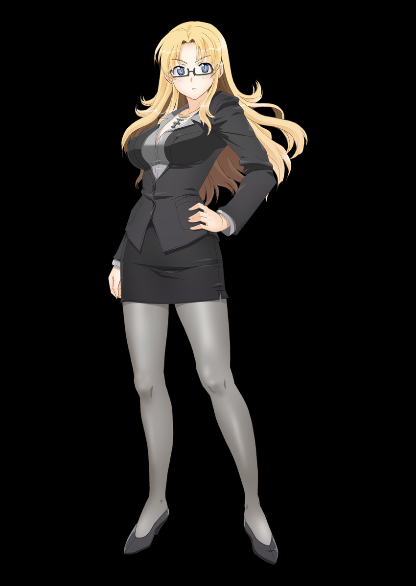 1girl absurdres black_background blonde_hair blue_eyes blush breasts business_suit cross cross_necklace earrings feet formal glasses hand_on_hip high_heels highres jewelry large_breasts legs long_hair looking_at_viewer nightmare_express pantyhose simple_background skirt solo standing suit thighs