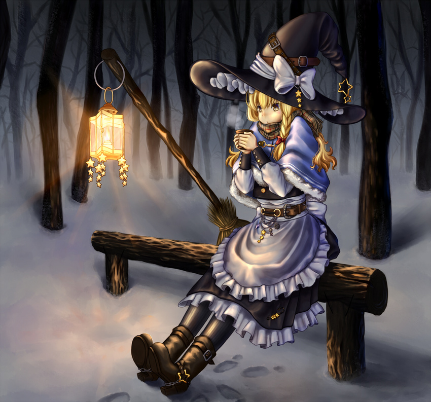 apron belt bench blonde_hair boots bow braid broom capelet charm_(object) cup dtvisu footprints forest fur_trim hair_bow hat hat_ribbon highres key kirisame_marisa lamp log long_hair long_sleeves nature night outdoors pantyhose ribbon scarf single_braid sitting skirt skirt_set snow solo star steam touhou waist_apron winter witch_hat yellow_eyes