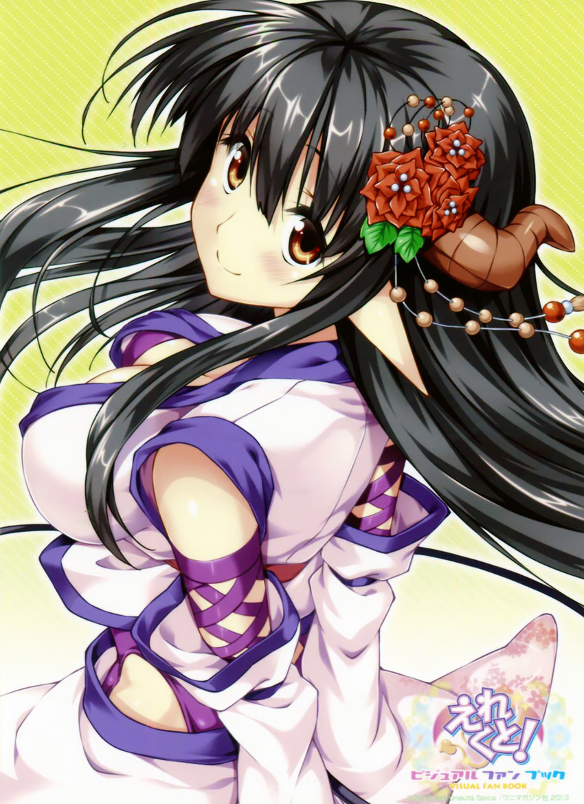 arms_behind_back black_hair breasts brown_eyes cleavage erect! euphoria_trinity floral_print flower from_behind hair_flower hair_ornament highres horn large_breasts long_hair looking_at_viewer piromizu pointy_ears scan smile solo