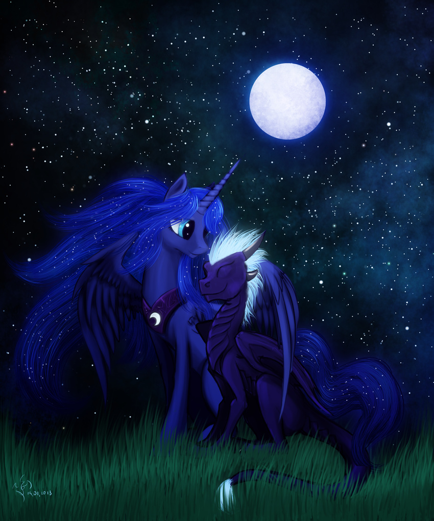 absurd_res ambiguous_gender blue_eyes blue_hair cool_colors crown dalagar dragon duo equine eyes_closed female feral friendship_is_magic grass hair hi_res horn horse mammal moon my_little_pony night original_character outside pony princess_luna_(mlp) purple_scales sitting smile stars white_hair wing_hug winged_unicorn wings
