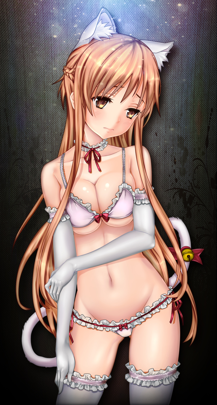 animal_ears ass_visible_through_thighs asuna_(sao) bell blush bow bow_panties bra braid breasts brown_hair cat_ears cat_tail choker cleavage contrapposto cowboy_shot elbow_gloves fake_animal_ears french_braid gloves groin highres kemonomimi_mode large_breasts lingerie looking_away looking_down lowleg lowleg_panties matsuryuu panties pitui1996 solo standing sword_art_online tail tail_bell thighhighs underwear underwear_only white_gloves