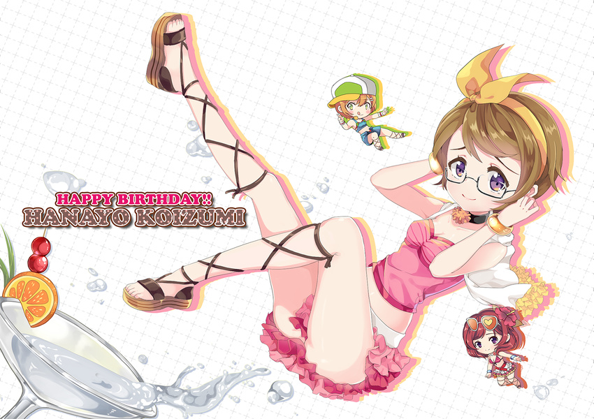 :p ankle_lace-up bad_id bad_pixiv_id bikini_top bracelet brown_hair chibi cocktail_glass cross-laced_footwear cup drinking_glass eyewear_on_head flower food fruit full_body glass glasses green_eyes hair_flower hair_ornament hair_ribbon hairband happy_birthday jewelry koizumi_hanayo legs legs_up love_live! love_live!_school_idol_project multiple_girls natsuiro_egao_de_1_2_jump! orange orange_hair purple_eyes red_hair ribbon sandals shorts shuf simple_background skirt smile sunglasses tongue tongue_out v white_background