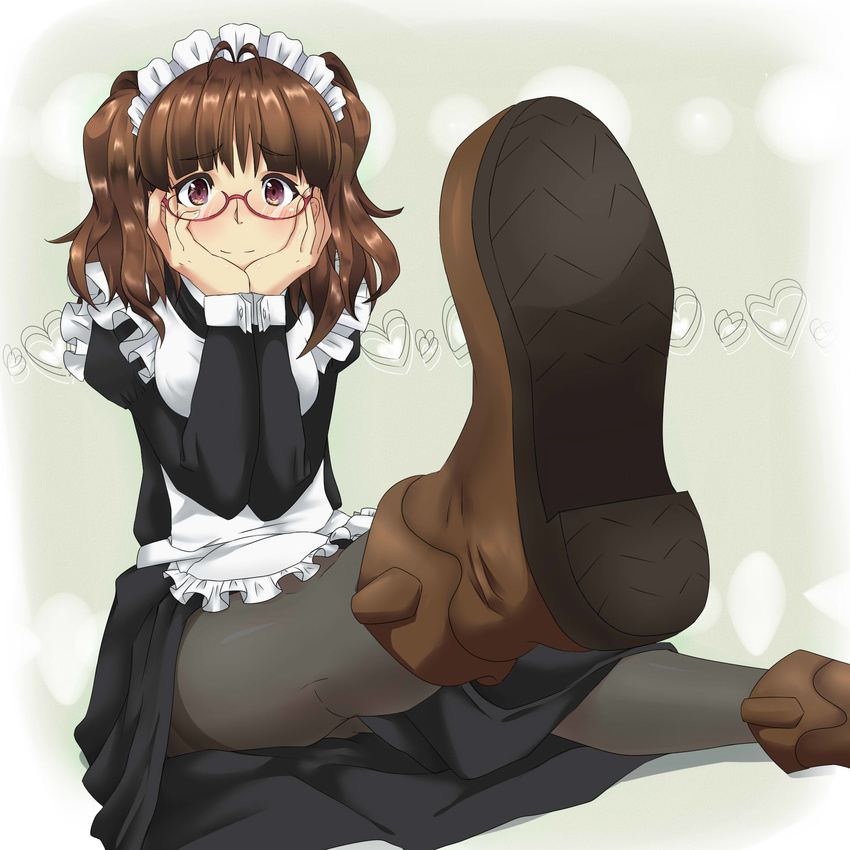 akizuki_ritsuko black_legwear boots brown_eyes brown_hair glasses hands_on_own_cheeks hands_on_own_face highres hisa_tsuki idolmaster idolmaster_(classic) maid maid_headdress pantyhose smile solo thighband_pantyhose