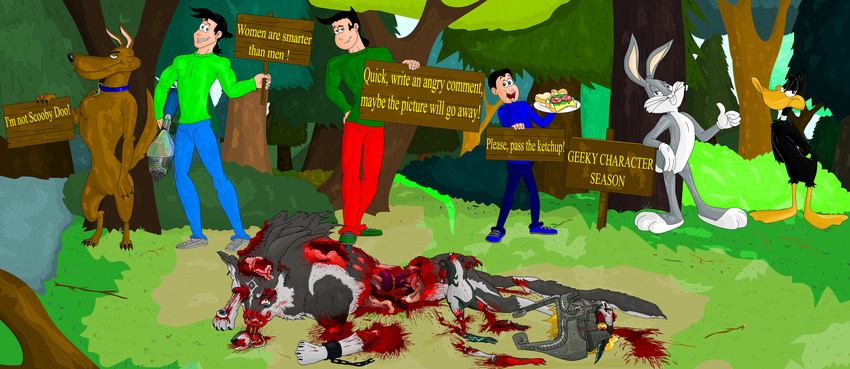 alex_(character) animated blood bugs_bunny canine daffy_duck death decapitation dog eevo_(author) eevo_(character) elder_(character) food forest form) games gore gun guts hi_res human jujo_(character) kill link link_(wolf link_(wolf_form) looney_tunes mammal messy midna parody ranged_weapon sandwich sandwich_(food) the_legend_of_zelda tree twilight_princess unwilling_stereotypes video_games violence warner_brothers weapon wolf