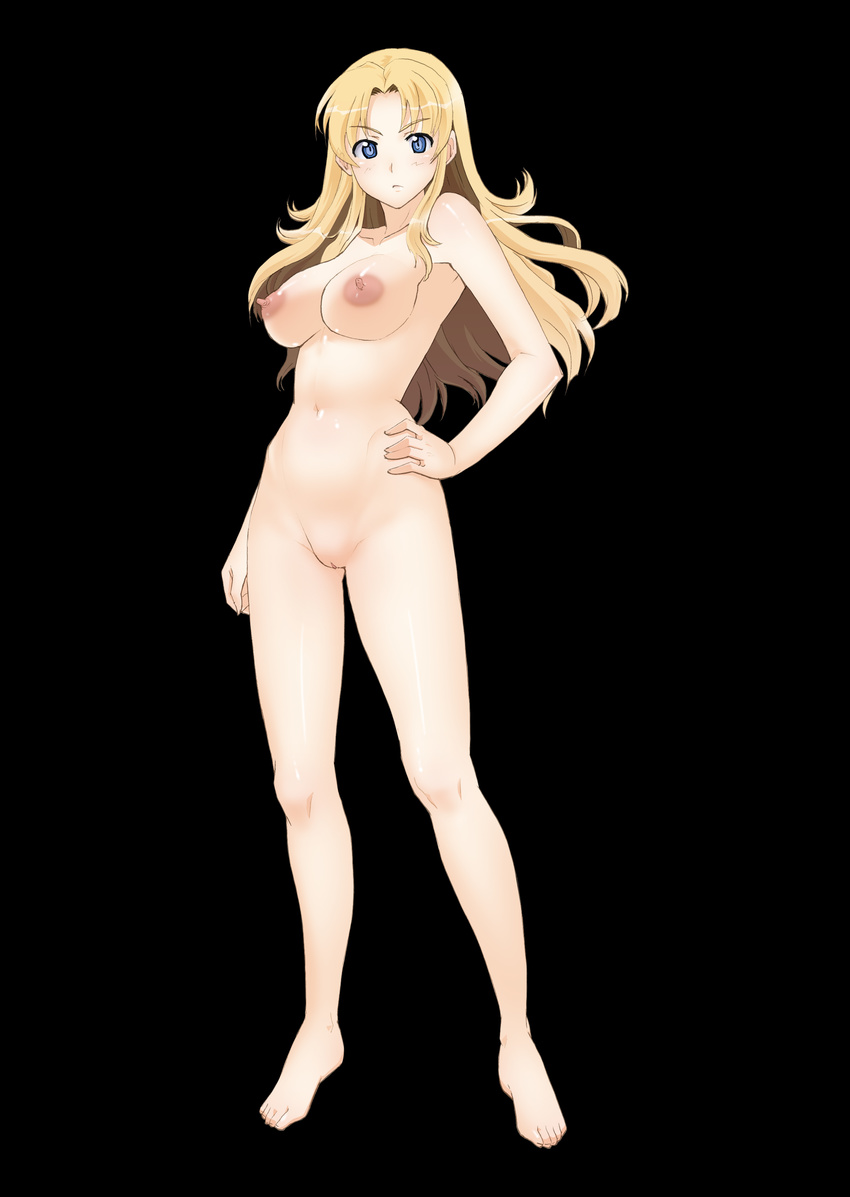 1girl absurdres areolae bare_shoulders barefoot black_background blonde_hair blue_eyes blush breasts collarbone erect_nipples feet female full_body hand_on_hip highres large_breasts legs long_hair looking_at_viewer navel nightmare_express nipples nude original pussy shiny shiny_skin simple_background slender solo standing thighs toes uncensored
