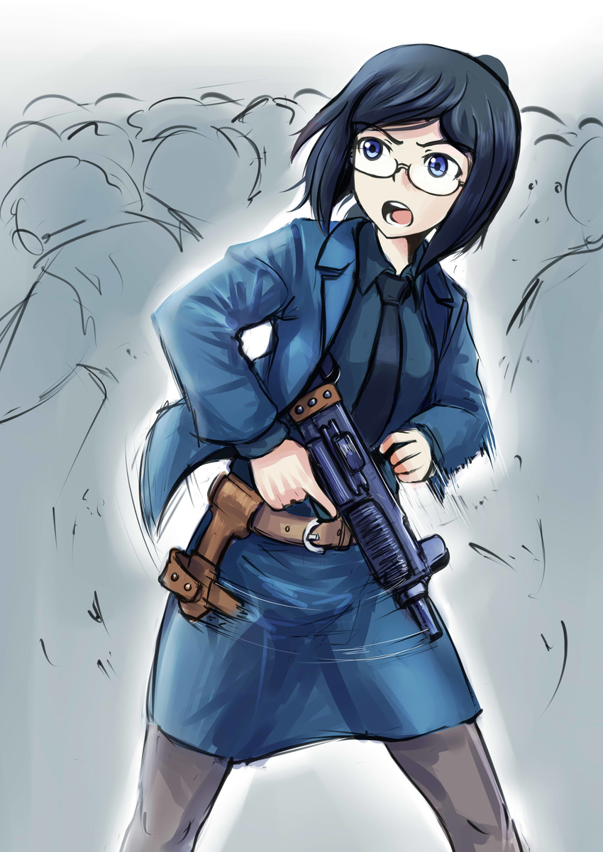 absurdres belt blue_eyes blue_hair collared_shirt drawing_gun erica_(naze1940) glasses gun highres holster imi_uzi jacket looking_away military necktie open_mouth original pantyhose semi-rimless_eyewear shirt short_hair submachine_gun trigger_discipline weapon