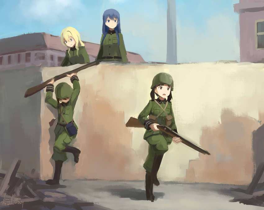 artist_name blonde_hair blue_eyes bolt_action boots brown_eyes brown_hair building dated faux_traditional_media filicia_heideman glasses gun helmet kanokoga kazumiya_rio long_hair mauser_98 military military_uniform multiple_girls rifle short_hair sora_no_woto sorami_kanata suminoya_kureha twintails uniform wall weapon