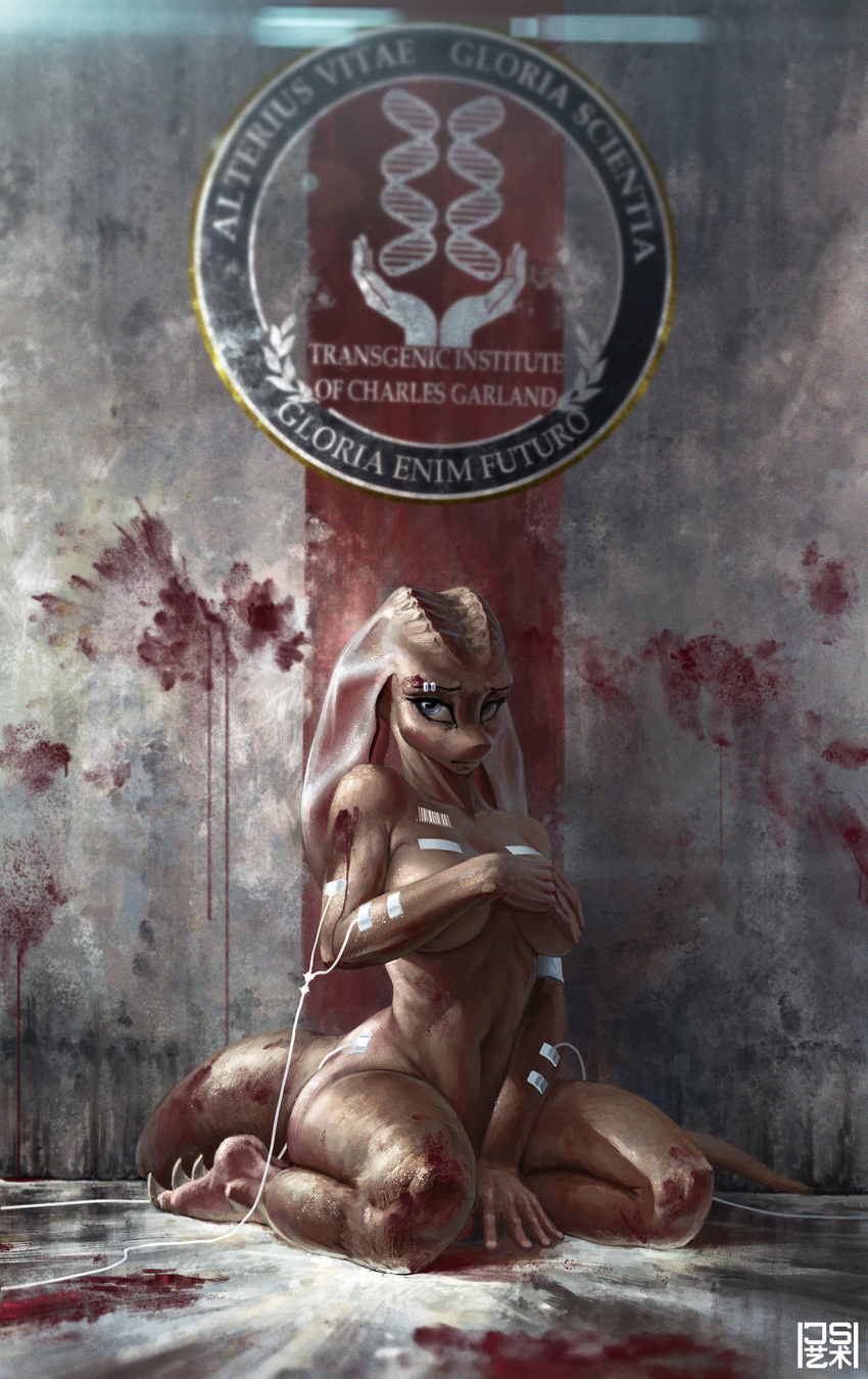 barcode blood breasts detailed female jack_save jsa-arts kneeling looking_at_viewer nude solo