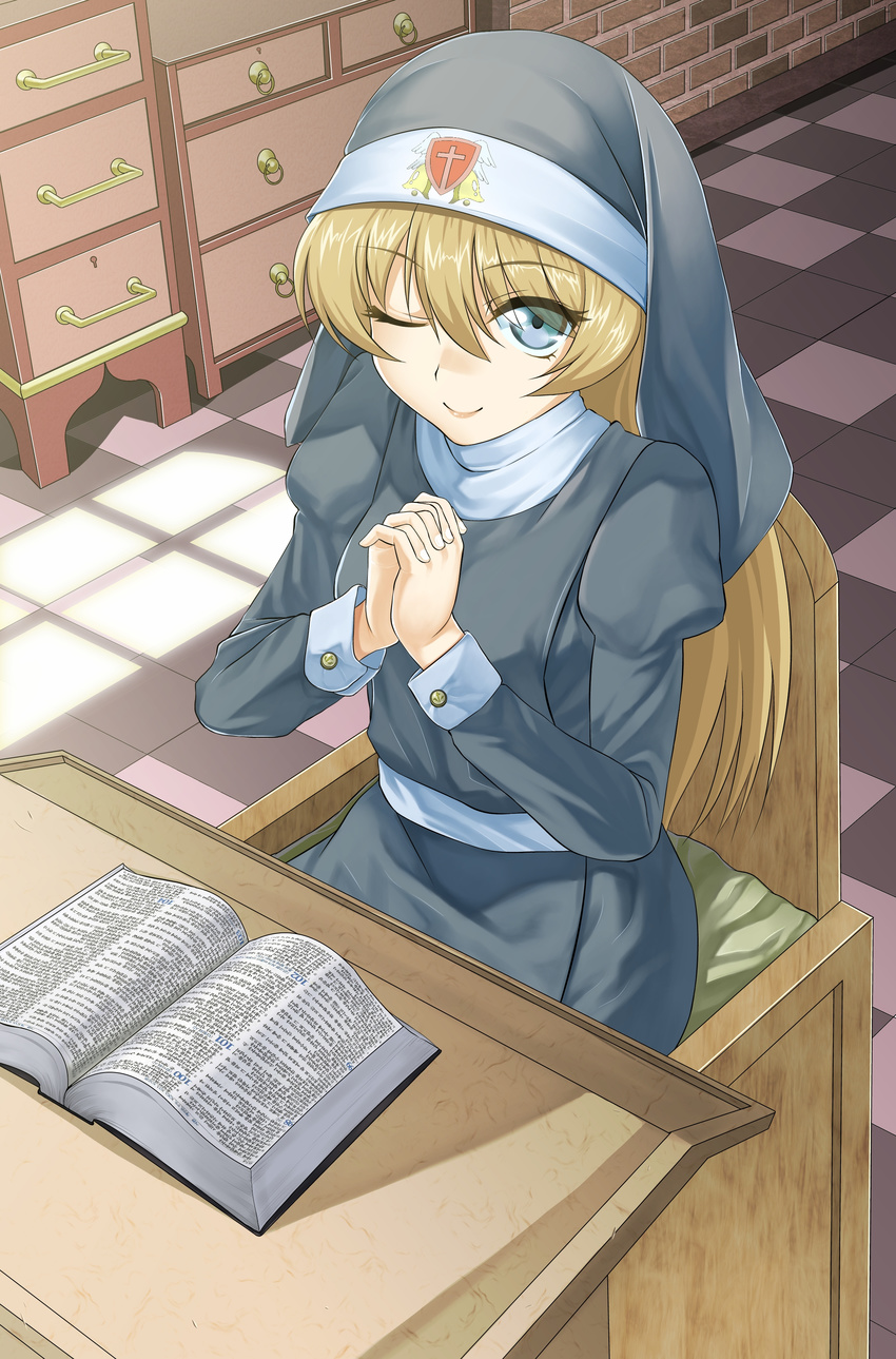 ;) absurdres bad_id bad_pixiv_id bible blonde_hair blue_eyes book closed_mouth habit hands_clasped highres long_hair looking_at_viewer nun one_eye_closed open_book original own_hands_together oxxo_(dlengur) praying sitting smile solo