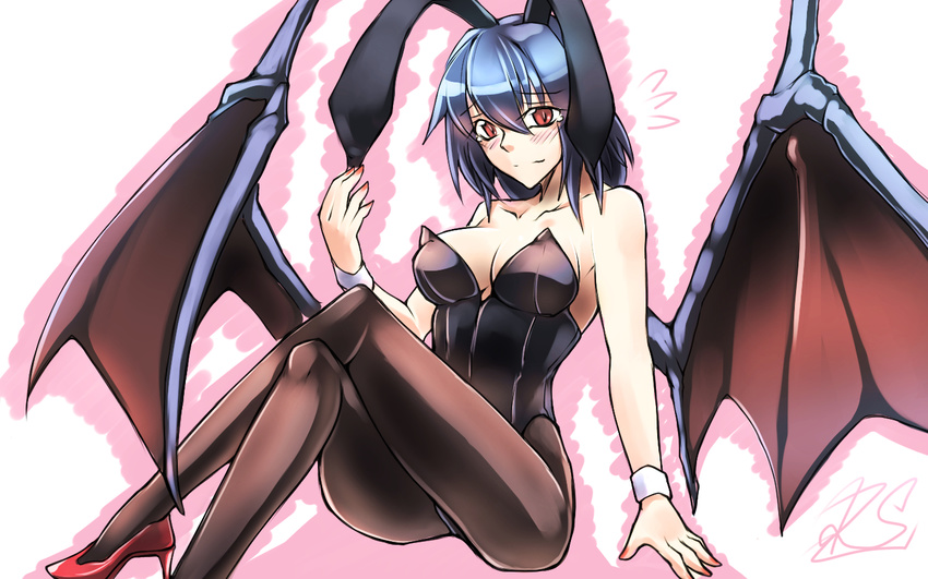 animal_ears bat_wings blue_hair breasts bunny_ears bunny_girl bunnysuit cleavage crossed_legs high_heels large_breasts nail_polish older pantyhose red_eyes red_nails remilia_scarlet ryuuno_stadtfeld short_hair sitting touhou wallpaper wings wrist_cuffs