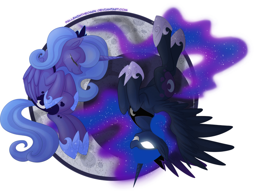 alpha_channel blue_hair crown cutie_mark duo equine eyes_closed falleninthedark female friendship_is_magic glowing glowing_eyes hair hi_res horse mammal moon my_little_pony necklace plain_background pony princess_luna_(mlp) sharp_teeth smile sparkles tears teeth transparent_background white_eyes yin_yang