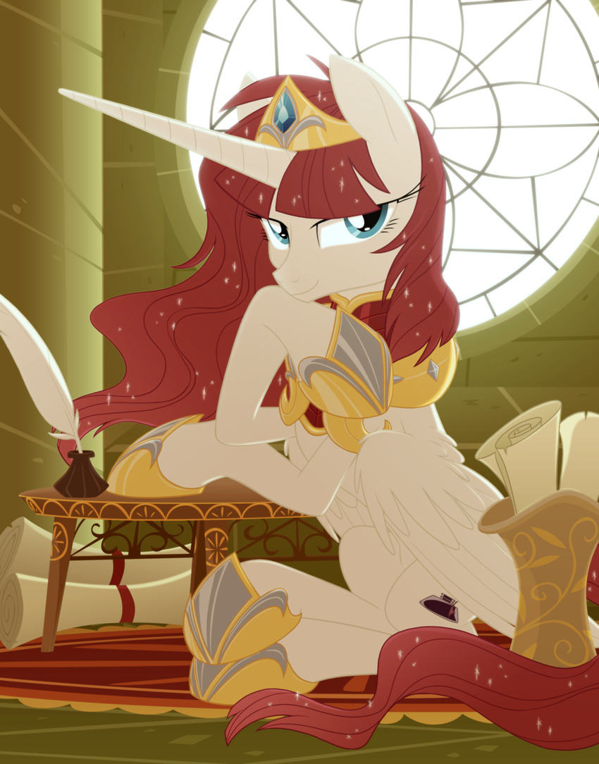 armor blue_eyes crown cutie_mark equestria-prevails equine female friendship_is_magic gold hair hi_res horn horse inkwell lauren_faust_(character) looking_at_viewer mammal my_little_pony necklace paper pony quill red_hair scroll sitting sparkles table window winged_unicorn wings