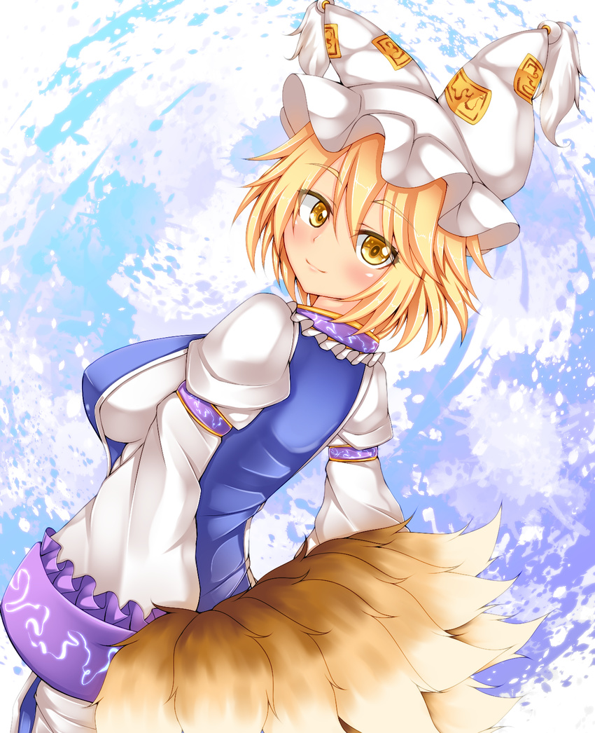 blonde_hair breasts dress fox_tail hat highres kuroleo kyuubi large_breasts long_sleeves looking_at_viewer looking_back multiple_tails pillow_hat short_hair smile solo tabard tail touhou white_dress wide_sleeves yakumo_ran yellow_eyes