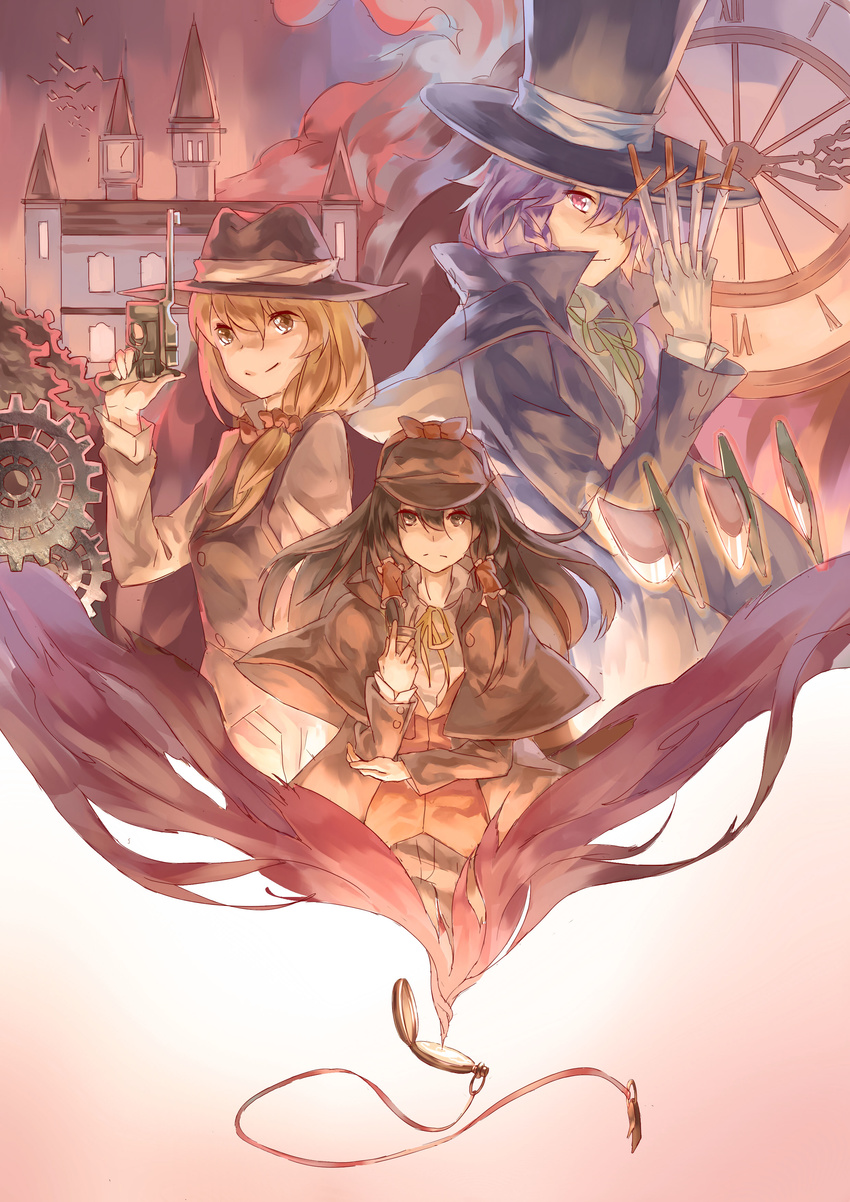 absurdres alternate_costume bat between_fingers black_hair blonde_hair bow braid brown_hair clock cloud collared_shirt cosplay deerstalker fedora foreshortening gears gun hair_over_one_eye hair_tubes hakurei_reimu handgun hat highres holding holding_knife izayoi_sakuya jack_the_ripper jack_the_ripper_(cosplay) john_hamish_watson john_hamish_watson_(cosplay) kirisame_marisa knife knives_between_fingers long_hair machine_pistol mauser_c96 multiple_girls norizc pipe pocket_watch red_eyes scarlet_devil_mansion sherlock_holmes sherlock_holmes_(cosplay) shirt short_hair silver_hair steampunk the_adventures_of_sherlock_holmes top_hat touhou trench_coat trigger_discipline twin_braids vest victorian watch weapon yellow_eyes