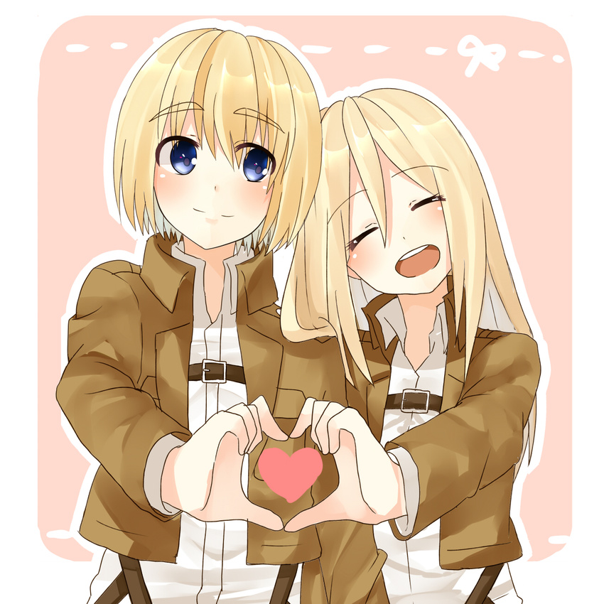 1girl armin_arlert blonde_hair blue_eyes christa_renz closed_eyes heart heart_hands heart_hands_duo highres long_hair open_mouth paradis_military_uniform shingeki_no_kyojin shun-syun smile