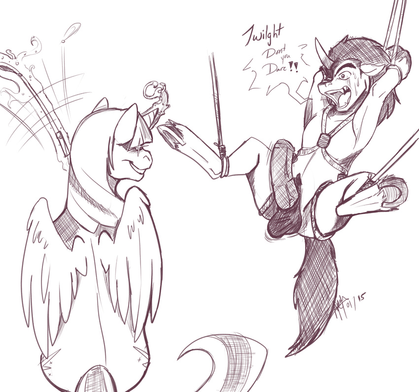 balls bdsm bondage bound dialog domination equine female female_domination friendship_is_magic grin hooves horn horse king_sombra_(mlp) mammal my_little_pony open_mouth penis pony restraints riding_crop sweat text twilight_sparkle_(mlp) unicorn winged_unicorn wings