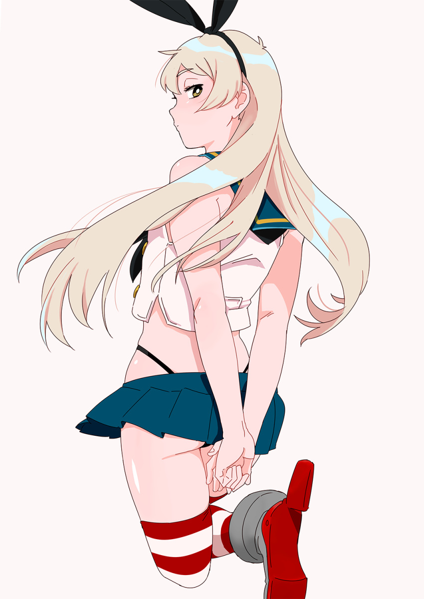 1girl arms_behind_back black_panties blonde_hair blue_skirt crop_top elbow_gloves from_behind gloves grey_eyes hairband highleg highleg_panties highres kantai_collection long_hair microskirt miniskirt ojipon panties pink_background rudder_footwear sailor_collar school_uniform serafuku shimakaze_(kantai_collection) skirt solo striped striped_legwear thighhighs thong underwear white_gloves