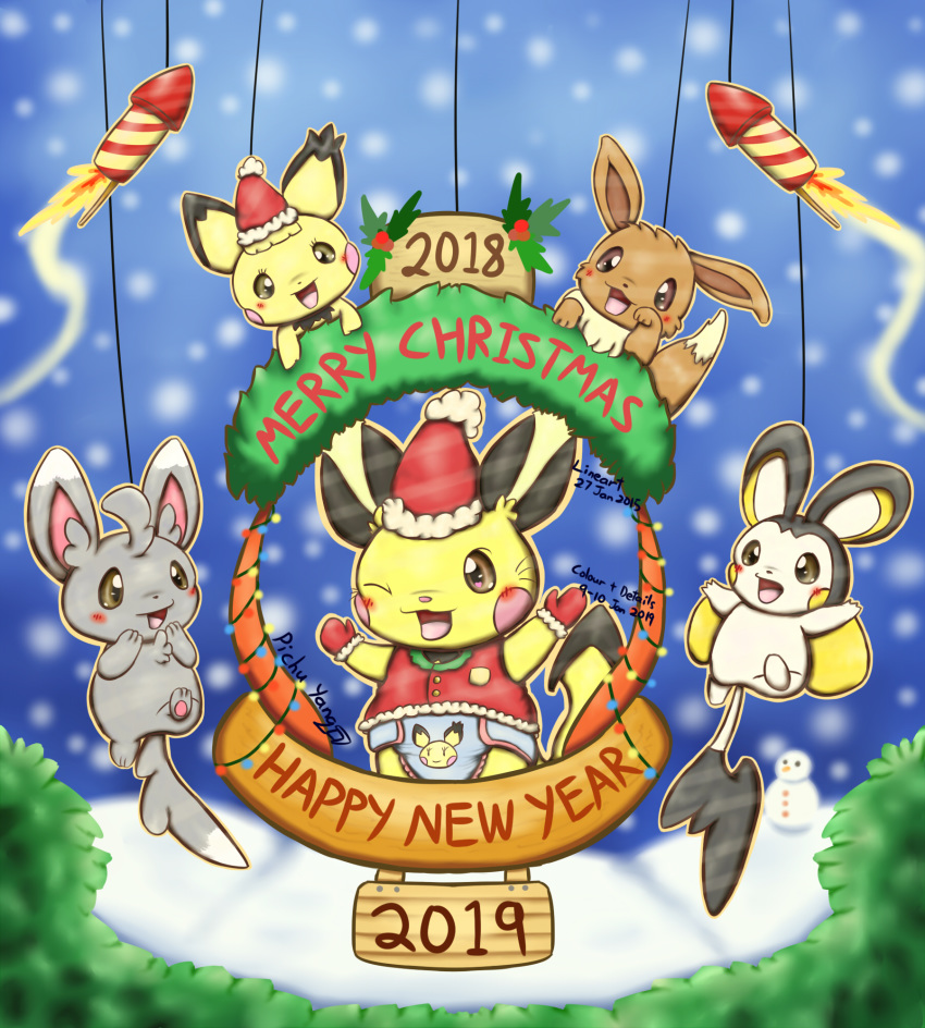 2019 acrylic_badge baby christmas chuchu_yang costume diaper eevee emolga fireworks hat holidays minccino new_year nintendo pichu pichuyang pok&eacute;mon pok&eacute;mon_(species) santa_claus snow video_games wreath young