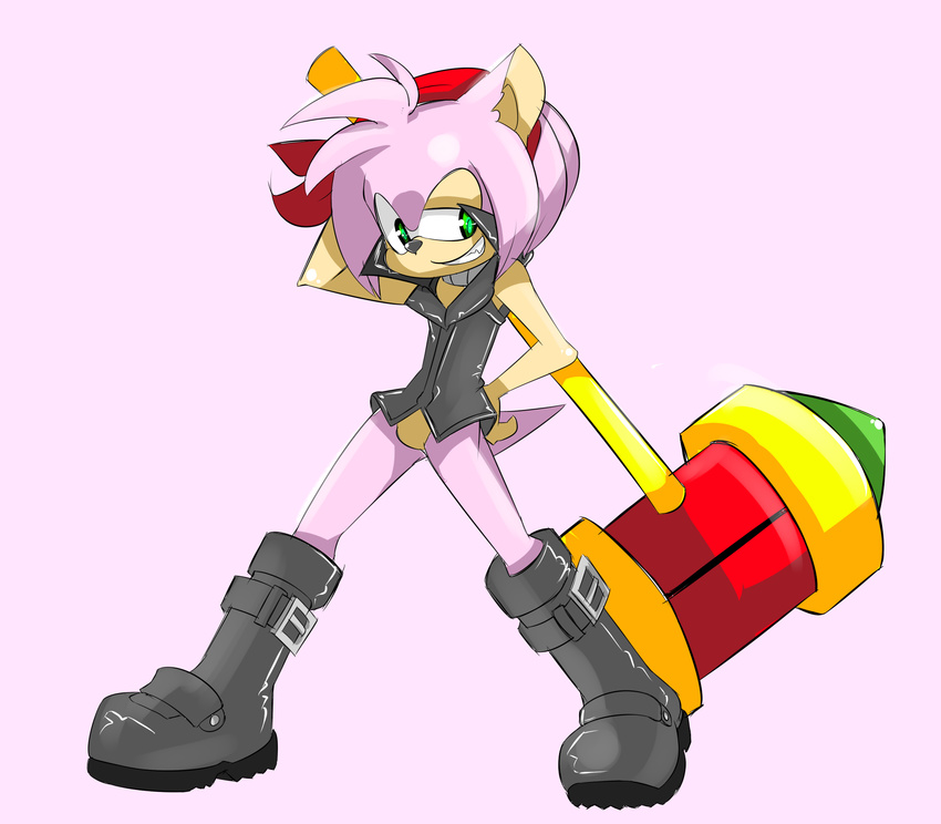 anthro boot clothing fur grass_gremlin green_eyes hair hedgehog male mammal pink_background pink_fur pink_hair plain_background sega short_hair solo sonic_(series) standing teeth