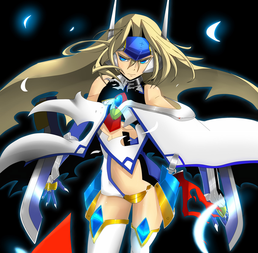 arm_blade bad_id bad_pixiv_id bare_shoulders blazblue blue_eyes breasts cape center_opening crotch_plate ear_protection elbow_gloves fingernails forehead_protector gem gloves headgear highres long_hair medium_breasts midi_hazapero mu-12 petals sharp_fingernails solo symbol-shaped_pupils thighhighs torn_clothes underboob weapon
