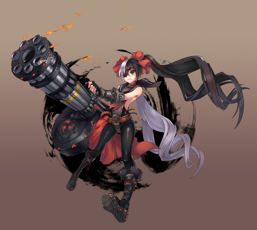 belt blade_&amp;_soul boots brown_eyes eyepatch fingerless_gloves gatling_gun gloves gun huazang knee_boots leather leather_pants leotard long_hair mitsudomoe_(shape) multicolored_hair pants pohwaran ribbon sleeveless smile solo tomoe_(symbol) twintails two-tone_hair very_long_hair weapon