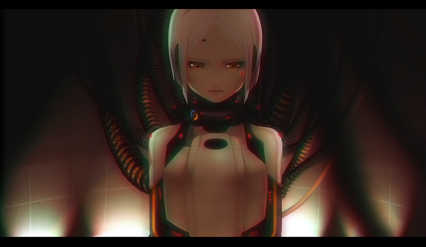 bad_id bad_pixiv_id brown_eyes chromatic_aberration eventh7 glados highres personification portal portal_(series) robot_joints short_hair sidelocks solo white_hair