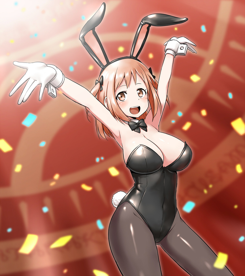 :d animal_ears armpits arms_up black_legwear blush bow bowtie breasts brown_eyes brown_hair bunny_ears bunny_girl bunny_tail bunnysuit cleavage confetti covered_navel detached_collar fake_animal_ears gloves hair_bow hataraku_maou-sama! highres large_breasts open_mouth pantyhose revision sasaki_chiho short_hair short_twintails smile solo tail twintails white_gloves wrist_cuffs zaxwu