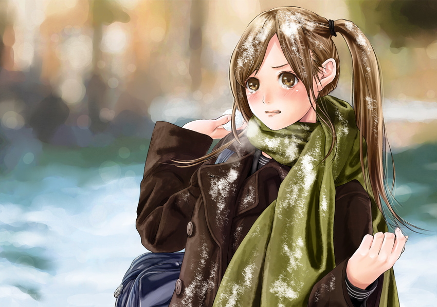 blush brown_eyes brown_hair kinoebi long_hair original ponytail scarf snow tears