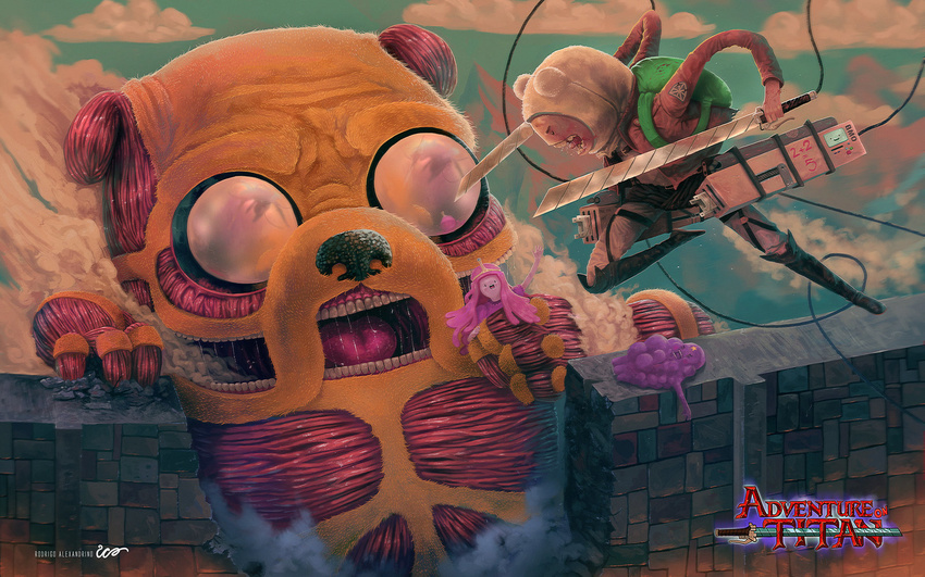 3d_gear adventure_time attack_on_titan backpack blood bmo boots canine clothed clothing cloud clouds crossover dog english_text female finn_the_human fur hair hat human jacket jake_the_dog long_hair lumpy_space_princess lying male mammal on_back open_mouth outside princess_bubblegum rodrigoico rope saliva size_difference sky smoke standing sword teeth text titan tongue tongue_out wall weapon