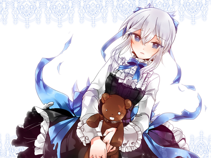 1girl blue_eyes dress echo pandora_hearts solo stuffed_animal stuffed_toy teddy_bear white_hair