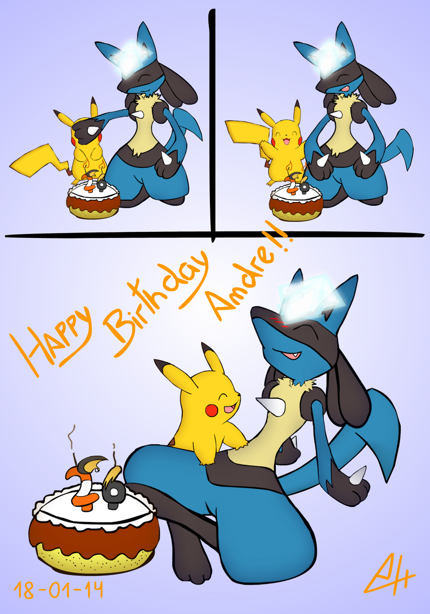 birthday blush cake food happy lucario nintendo pikachu pok&#233;mon pok&eacute;mon siberiancrystalx video_games