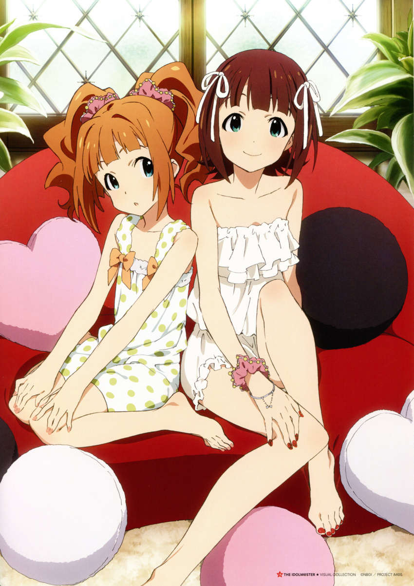 :o absurdres amami_haruka barefoot bracelet brown_hair couch detexted greek_toe green_eyes hands_on_own_knees highres idolmaster idolmaster_(classic) iizuka_haruko jewelry long_hair looking_at_viewer magazine_scan multiple_girls nail_polish newtype official_art pillow polka_dot scan short_hair sitting sleepwear smile takatsuki_yayoi text_focus third-party_edit toenail_polish twintails wariza window