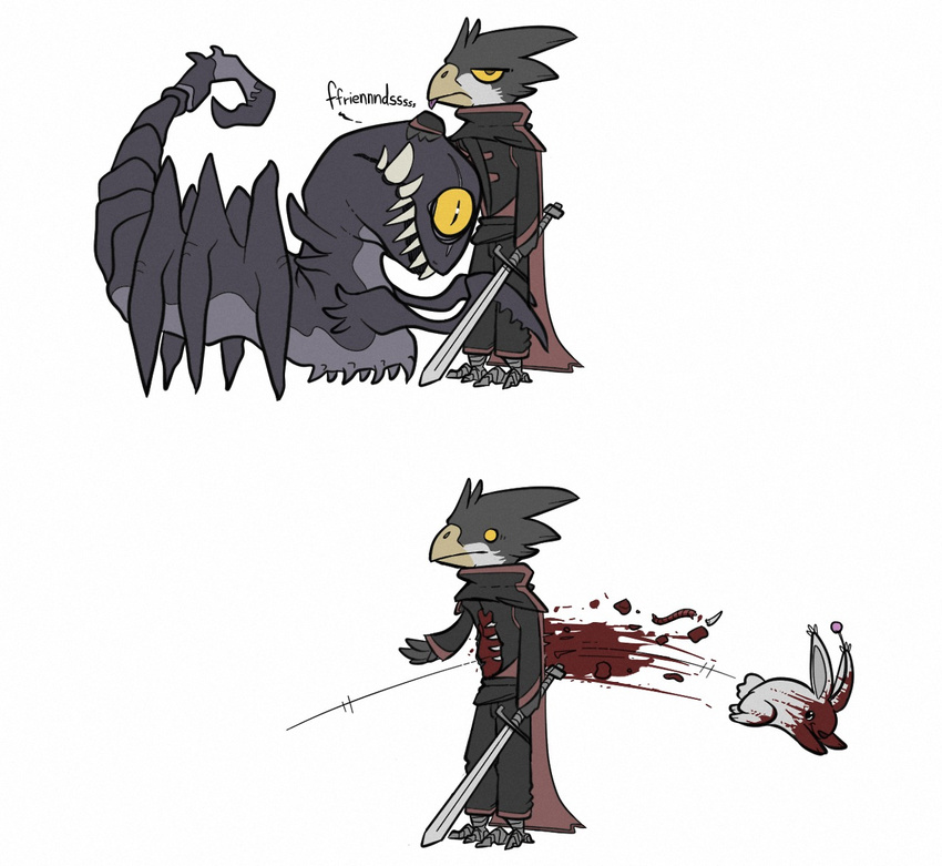avian blood cape death english_text grotesque_death hug humor keebles lagomorph mammal monster one_eye sharp_teeth starbound sword teeth text the_truth video_games weapon