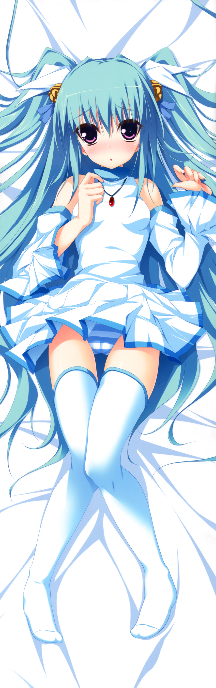 absurdres aqua_hair bed_sheet blue_panties blush breasts dakimakura detached_sleeves dress dress_lift ezekiel_(osananajimi_wa_daitouryou) from_above full_body highres hisatake jewelry looking_at_viewer lying necklace on_back on_bed on_stomach osananajimi_wa_daitouryou panties purple_eyes small_breasts solo striped striped_panties thighhighs two_side_up underwear white_legwear white_panties