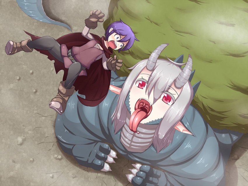 belt blue_eyes blush boots cape freefall gloves grey_hair horns luka_(mon-musu_quest!) mon-musu_quest! monster_girl open_mouth purple_hair red_eyes tail tongue vore