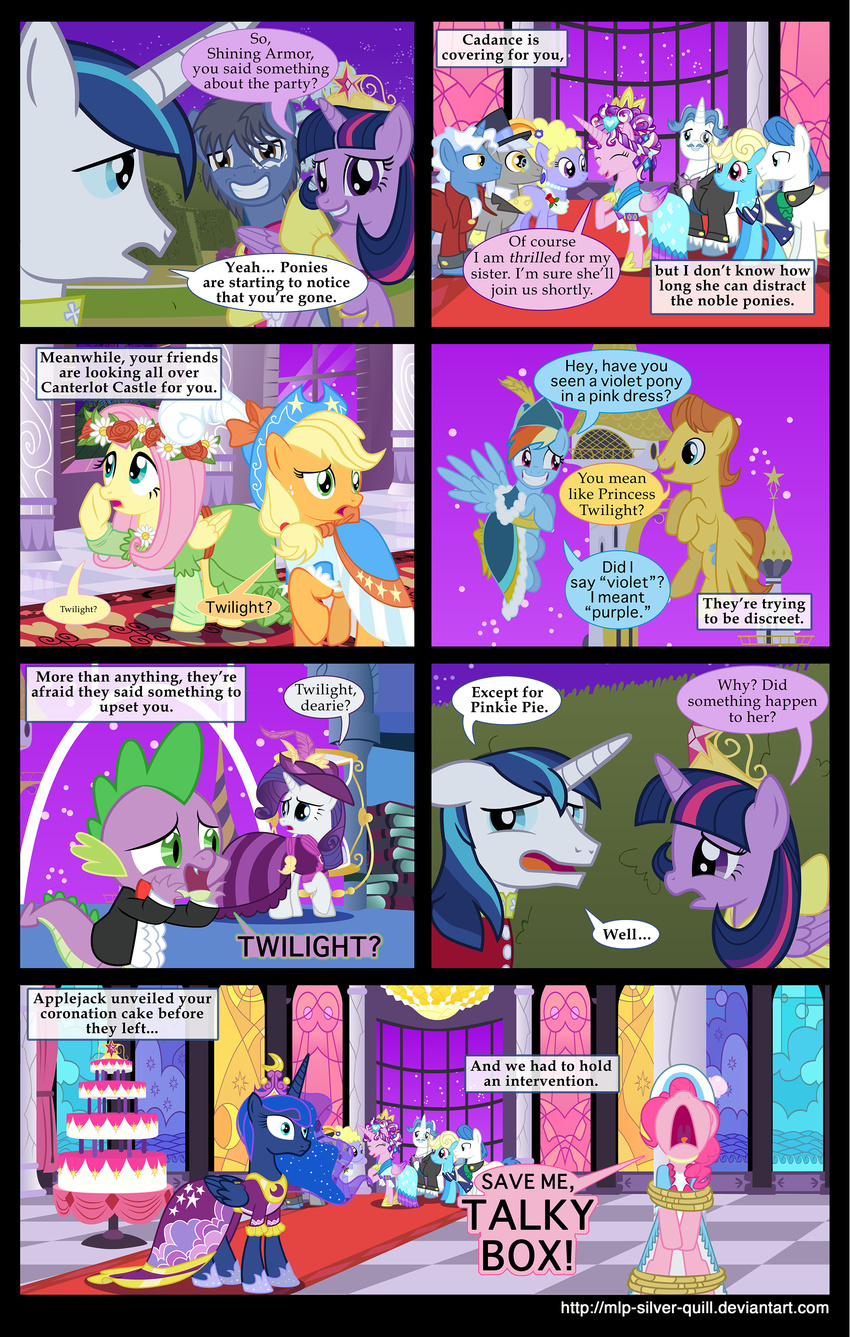 applejack_(mlp) balcony blue_eyes blue_fur blue_hair book bow bow_tie cake crown cutie_mark dialog dragon dress english_text equine eyewear facial_hair feather female feral flower fluttershy_(mlp) food freckles friendship_is_magic fur green_eyes grey_fur grey_hair grin group hair hat hedges horn horse horse_tail hourglass male mammal mlp-silver-quill monocle multi-colored_hair mustache my_little_pony necklace night open_mouth orange_fur original_character pegasus pillar pink_fur pink_hair pinkie_pie_(mlp) pony princess_cadance_(mlp) princess_luna_(mlp) purple_eyes purple_fur purple_hair rainbow_dash_(mlp) rainbow_hair rarity_(mlp) rope royalty shining_armor_(mlp) smile spade_tail spike_(mlp) stars table tails teeth text thick_tail tongue tower tuxedo twilight_sparkle_(mlp) two_tone_hair unicorn white_fur window winged_unicorn wings yellow_eyes