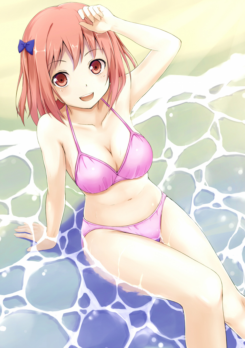 beach bikini breasts cleavage collarbone hataraku_maou-sama! highres medium_breasts navel ocean open_mouth oruna outdoors pink_bikini pink_hair red_eyes revision sasaki_chiho short_hair short_twintails smile solo stomach swimsuit twintails water