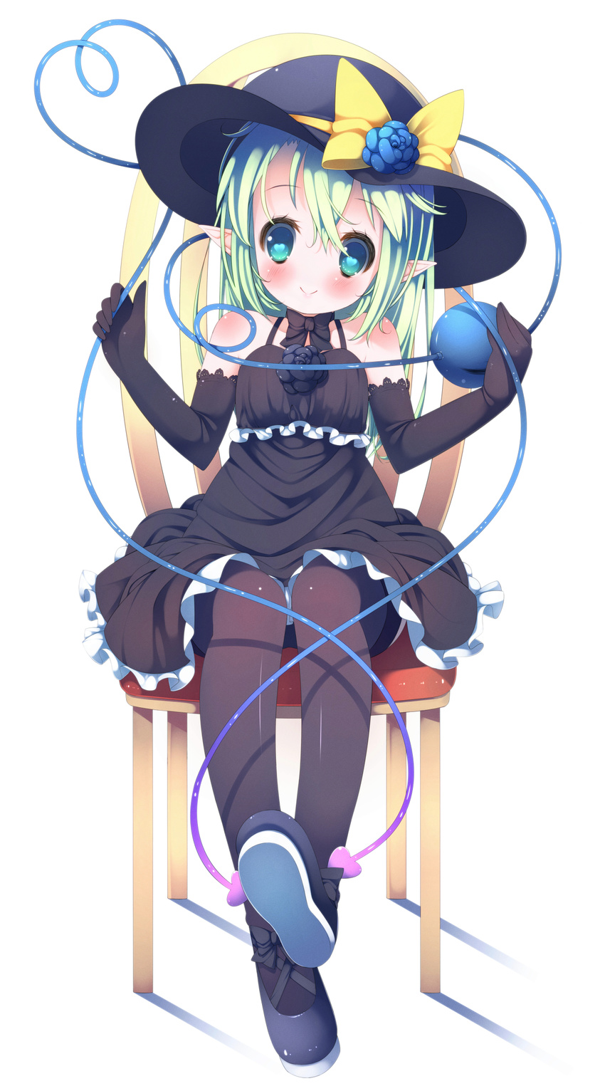 alternate_costume bare_shoulders black_gloves black_legwear blue_flower blue_rose blush chair dress elbow_gloves flower full_body gloves green_eyes green_hair hat heart heart-shaped_pupils heart_of_string highres komeiji_koishi long_hair looking_at_viewer no_nose pointy_ears rose simple_background sitting smile solo symbol-shaped_pupils thighhighs touhou white_background zefa_(neoaltemice)