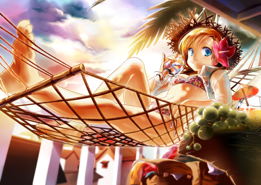 bad_id bad_pixiv_id bangs barefoot bikini bikini_under_clothes blue_eyes blurry breasts building cloud cocktail_umbrella cup depth_of_field drink drinking_glass feet flower food from_side fruit grapes hair_flower hair_ornament hammock hat hibiscus high_collar highres holding legs light_smile long_hair long_sleeves long_toenails looking_at_viewer looking_back navel open_clothes open_shirt orange_hair original outdoors pinky_out print_bikini railing reclining see-through shirt side-tie_bikini siloteddy sky small_breasts smile soles solo straw_hat sunset swept_bangs swimsuit swimsuit_under_clothes toenails toes white_shirt wine_glass