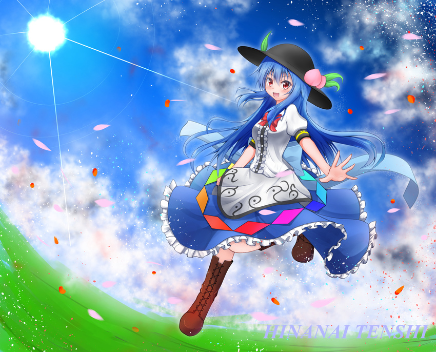blue_hair blue_sky boots character_name cloud cross-laced_footwear day dress fisheye food fruit hat highres hinanawi_tenshi knee_boots layered_dress leaf leg_up lens_flare light_particles long_hair looking_at_viewer meadow open_hand open_mouth outdoors peach petals red_eyes ribbon short_sleeves sky solo sun touhou ymd_(holudoun)