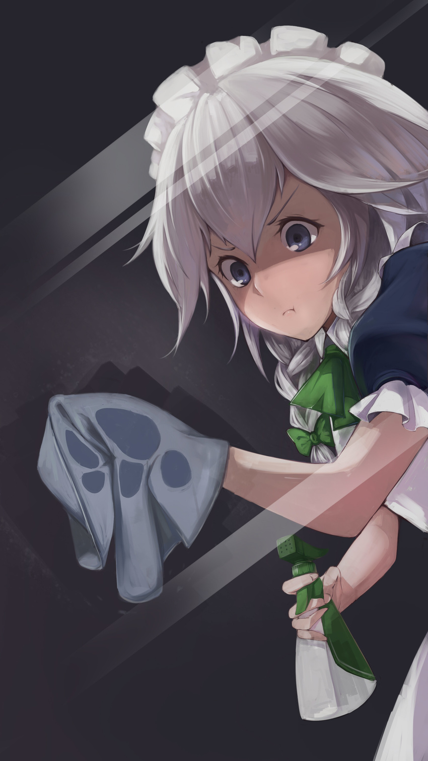 :t absurdres against_fourth_wall against_glass blue_dress blue_eyes bottle braid cleaning dress fourth_wall highres izayoi_sakuya layla891228 maid maid_headdress phone_wallpaper pout puffy_sleeves reflection shaded_face short_sleeves silver_hair solo spray_bottle touhou twin_braids v-shaped_eyebrows