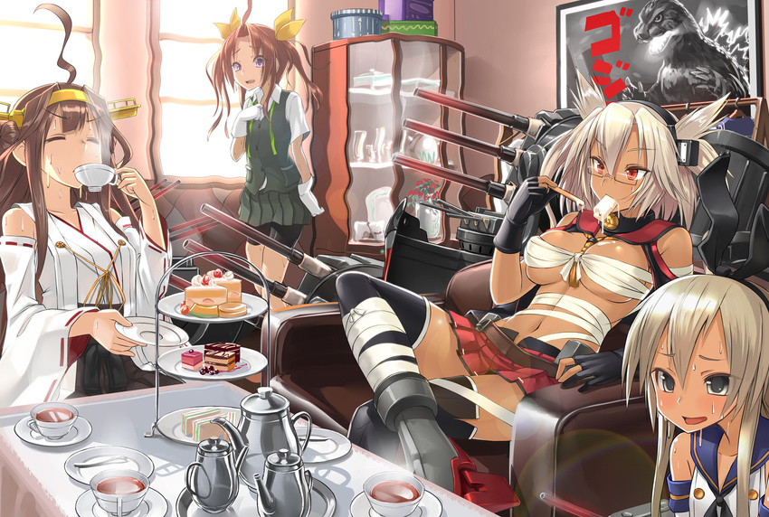 ahoge antennae bandages bare_shoulders belt bike_shorts black_gloves black_legwear blonde_hair blush breasts brown_hair budget_sarashi cake cameo cannon cleavage closed_eyes cup dark_skin detached_sleeves double_bun elbow_gloves fingerless_gloves food glasses gloves godzilla godzilla_(series) hair_ribbon hairband headgear heat_haze highres hot japanese_clothes kagerou_(kantai_collection) kantai_collection kongou_(kantai_collection) large_breasts long_hair looking_at_viewer miniskirt multiple_girls musashi_(kantai_collection) navel nontraditional_miko patricia_(stylish_marunage) plate pointy_hair pun purple_eyes red_eyes ribbon sarashi school_uniform shimakaze_(kantai_collection) short_sleeves short_twintails silver_hair sitting skirt sweat table teacup teapot thighhighs tiered_tray twintails two_side_up white_gloves window zettai_ryouiki