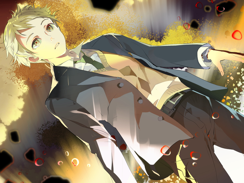 1boy belt blazer blonde_hair jacket kanbara_akihito kyoukai_no_kanata male_focus necktie school_uniform solo yellow_eyes