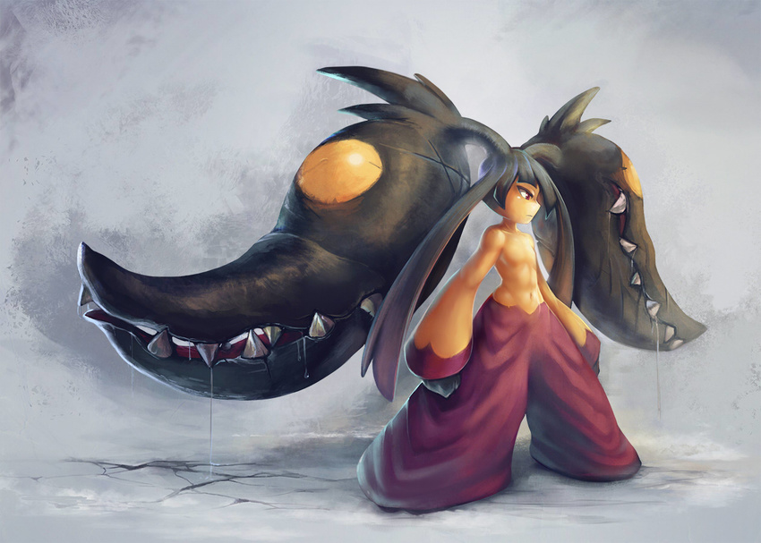 drooling extra_mouth gen_3_pokemon mawile mega_pokemon navel no_humans open_mouth pokemon pokemon_(creature) profile red_eyes simple_background solo standing yilx