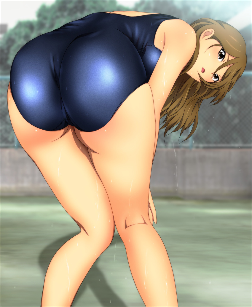 1girl ass bare_shoulders bent_over black_eyes blush brown_hair character_request from_behind highres k-on! legs long_hair looking_at_viewer open_mouth shadow solo source_request sweat swimsuit tachibana_himeko thighs yadokari_genpachirou
