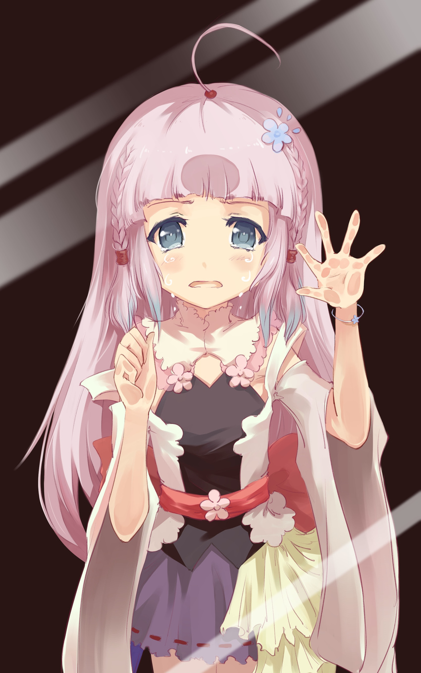 1girl absurdres artist_request bzerox character_request grey_eyes highres long_hair looking_at_viewer pink_hair red_ribbon ribbon solo source_request tears very_long_hair