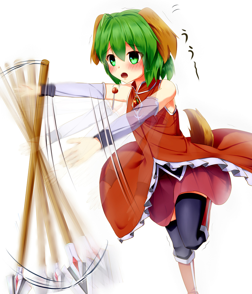 animal_ears bad_id bad_pixiv_id bare_shoulders boots candy commentary_request cosplay detached_sleeves fang food green_eyes green_hair highres kasodani_kyouko lollipop mahou_shoujo_madoka_magica motion_blur namesake open_mouth polearm red_skirt sakura_kyouko sakura_kyouko_(cosplay) seneto skirt solo spear tail thighhighs touhou weapon