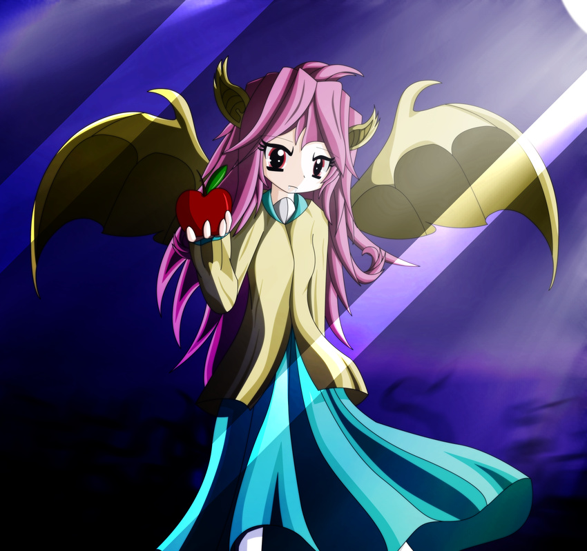 animal_ears antamoanimisan-m apple bat_pony bat_wings clothing dark equine fangs flutterbat_(mlp) fluttershy_(mlp) friendship_is_magic fruit hair hands hi_res horse human long_hair looking_at_viewer mammal moon my_little_pony night outside pegasus pink_hair pony red_eyes solo standing wings